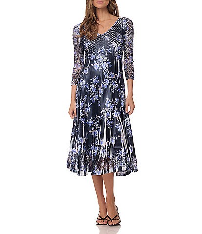 Komarov Lace Pleated Print Charmeuse V-Neck 3/4 Sleeve Midi Dress