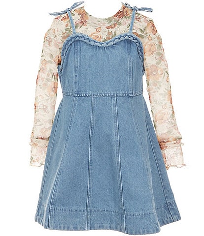 denim dress with shrug I.N. Girl Big Girls Long-Sleeve Solid & Sleeveless Floral-Printed Fit-And-Flare 2-Piece Set FARM Rio Golden Foliage long sleeved wrap dress Available In Dark Denim Color:Turquoise Blue Crop top