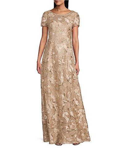 petite a line formal dresses Alex Evenings Size Point Collar 3/4 Sleeve Jacquard Gown formal wedding attire