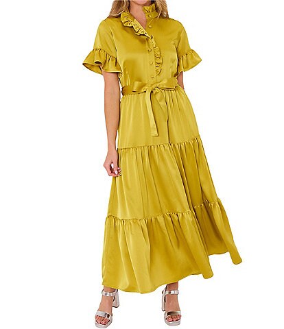 gold fleck dress Never Fully Dressed Tilly Plisse Print One Shoulder Neck Short Sleeve Midi Puff sleeve