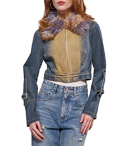 Azalea Wang Virelle Denim Stand Collar Long Sleeve Zip Front