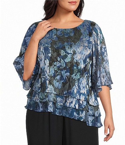 Alex Evening Plus Size Printed Chiffon Scoop Neck Short Sleeve