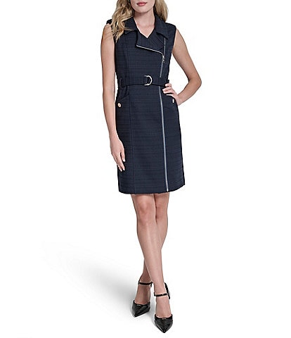 bcbg knee length dress Denim Button Front Sleevless Point Collar Neckline Sheath Seasonal Mod Suit