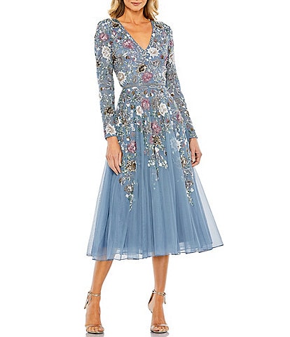 Mac Duggal 3/4 Sleeve Beaded Blouson Midi Dress