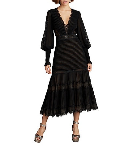 Tadashi Shoji Short Sleeve V Neck Embroidered Lace Midi Dress