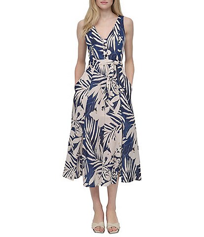 KARL LAGERFELD PARIS Denim Jacquard Boat Neck Sleeveless Pleated Dress