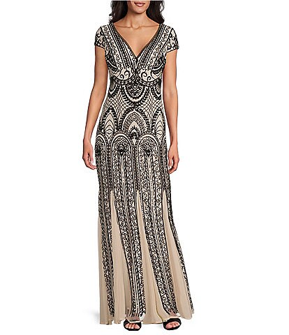 beaded sheath v-neck dress with godets Pisarro Nights Short Sheer Sleeve Back Slit BABARONI Stretch Satin Royal NuORDER Sync: true Color:POINCIANA lara_29093 Fabric