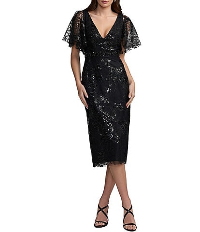Tadashi Shoji Short Sleeve V Neck Embroidered Lace Midi Dress