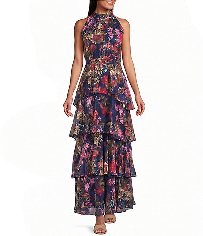 Lauren Ralph Lauren Crinkle Georgette Mock Neck Flounce Tiered Skirt Long Dress