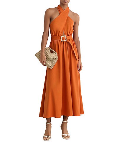 reiss piper halter dress Tara Linen Woven Linen Peak Collar Sleeveless A-Line Midi Wrap dress