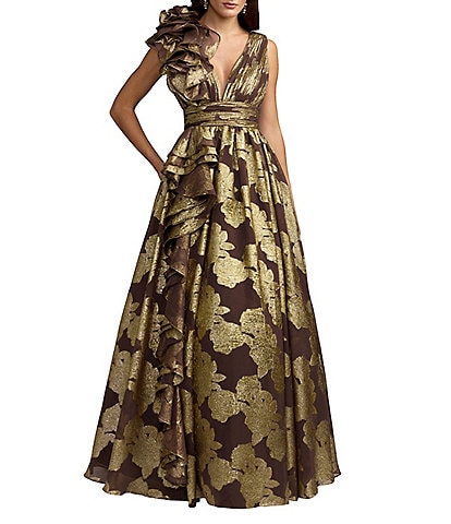 kay unger gold dress Floral Jacquard One Shoulder Gown Emerald Dress
