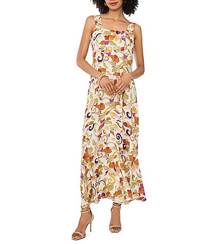 vince camuto floral halter dress Knit Print Neck Sleeveless Midi Gathered waistline