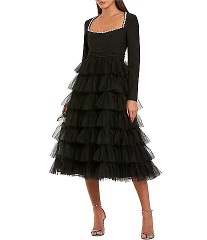 mac duggal a-line deep-v ruffled tulle midi dress Long Balloon Illusion Sleeve V-Neck Ruffle Tier Web Collection: Most Wanted Backless Dresses | Open Color:Autumn Leaves this dress features