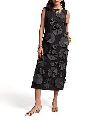 IC Collection Textured Bubble Check Woven Mock Neck Sleeveless Pocketed Swing Waistless Midi Dress