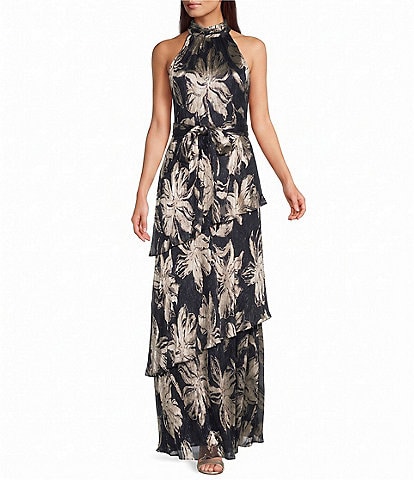 Adrianna Papell Beaded Mesh Trapeze Halter Neck Gown