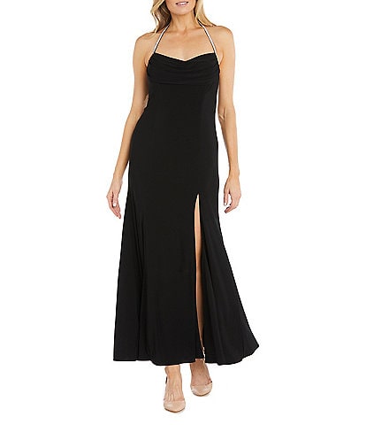 belle badgley mischka elise halter neck trapeze dress by Reese Sleeveless Crepe Side Slit Gown Week 1126