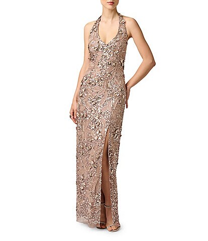 Aidan Mattox Beaded Mesh Halter Neck Sleeveless Column Dress