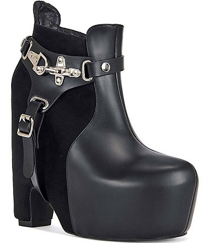 Azalea Wang Thalyn Croco Print Buckled Harness Western Booties