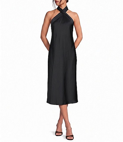 Belle by Badgley Mischka Elise Georgette Turtleneck Sleeveless Back Tie Waistless Trapeze Mini Dress