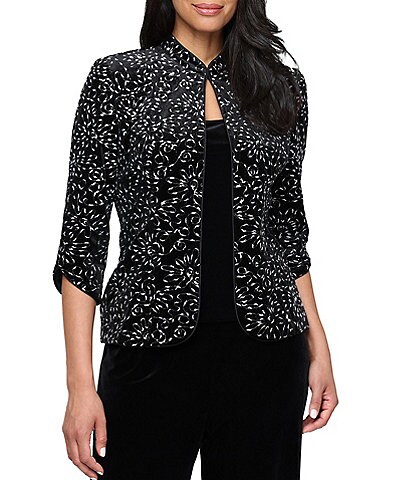 Alex Evenings 3/4 Sleeve Textured Jacquard Zip Jacket | Dillard's