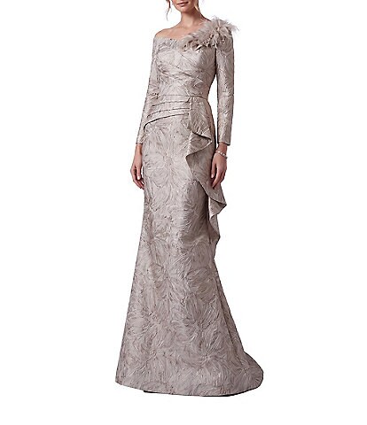 Terani Couture Jacquard Floral Off-The-Shoulder 3/4 Sleeve Side