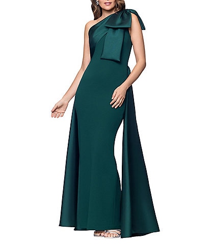 xscape green one shoulder dress Cascading Side Ruffle Organza A-Line Scuba dress