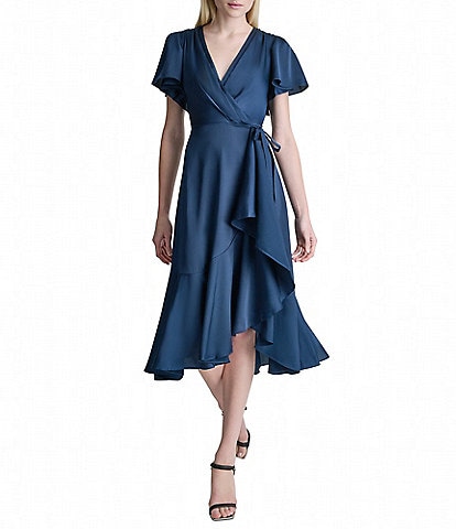 Lauren Ralph Lauren Georgette Surplice V-Neck Short Sleeve Belted Midi Dress