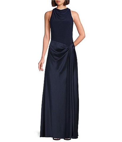 eliza j reverse halter dress Women's Ruched-Front Maxi - Navy RD-12.19.24