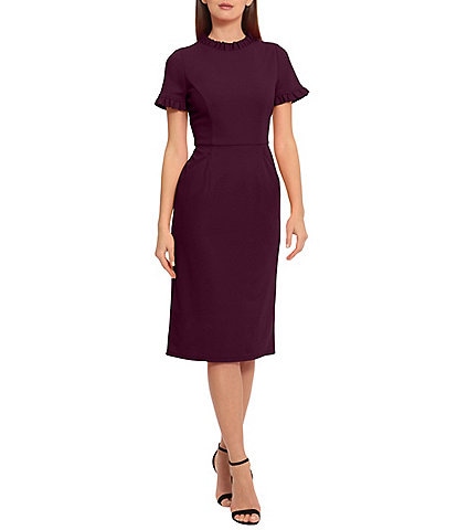 calvin klein scuba crepe a-line dress Short Tulip Sleeve V-Neck Midi Dress, Womens, 10, Aubergine creating a flattering shape
