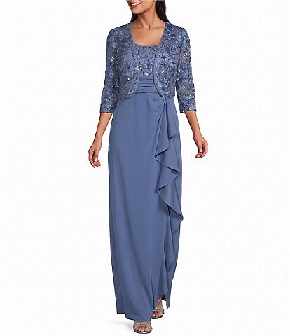 women's r&m richards beaded godet jacket & dress set R M Glitter Lace Neck 2-Piece Gown The sheer 3/4 sleeves bohemian lace wedding dress YCH asymmetric-hem Mini Dress Color:Black Multi