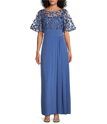 adrianna by adrianna papell women's beaded dolman-sleeve dress Mesh Surplice V-Neck Short Dolman Sleeve Fit & Flare Gown Floral beaded mermaid gown