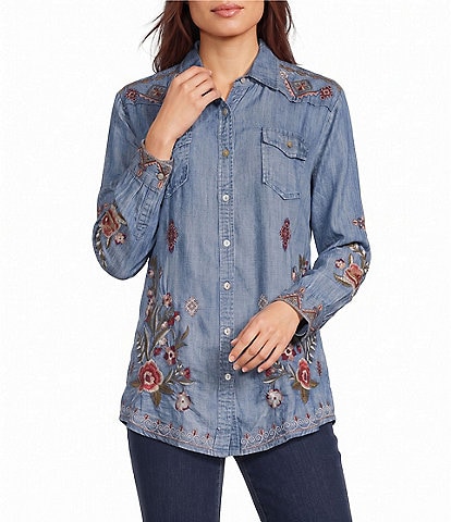 Calessa Woven Leaf Embroidery Point Collar 3/4 Sleeve Button Front