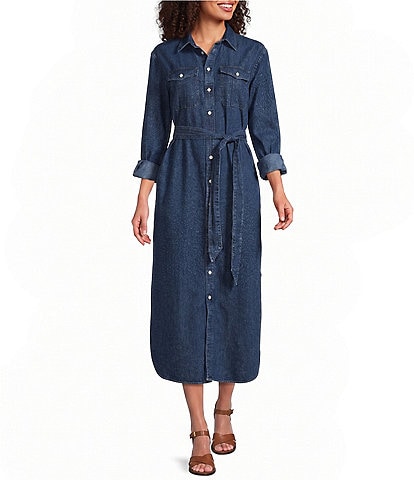 Current Air Chambray V-Neck Long Sleeve Button Tie Front Midi Dress