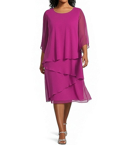 Jessica Howard Plus Size 3/4 Sleeve Chiffon Asymmetrical Blouson Dress