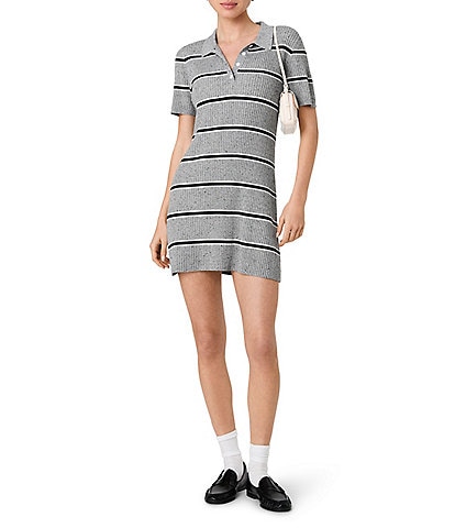 Good American The Rugby Stripe Collared Long Sleeve Mini Shirt Dress