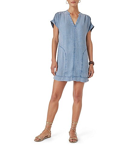 Bella Dahl Floral Print Denim Square Neck Sleeveless Button Front Shift Dress