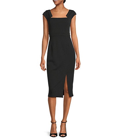 Calvin Klein Asymmetric Fold Over Neck Front Slit 3/4 Sleeve Sheath Dress