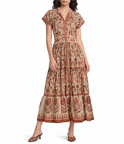Farm Rio Sea Garden Off-White Braided Border Floral Print V-Neck Long Sleeve Tiered Maxi Dress