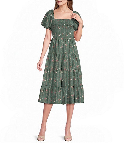 Blu Pepper Floral Leaf Printed V-Neck Smocked Midi Dress