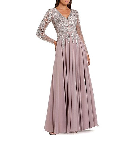 Tadashi Shoji Embroidered Lace Bodice Long Illusion Sleeve Chiffon