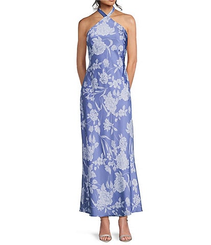 GB Palm Leaf Linen Blend Print Halter Beaded Maxi Dress