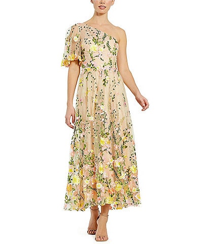 mac duggal one-shoulder bow floral brocade a-line maxi dress One Shoulder Detail Midi All Wedding Dresses Boho Lace Wedding Dress: Chest Triangular Mesh:Yes ready from cocktails to