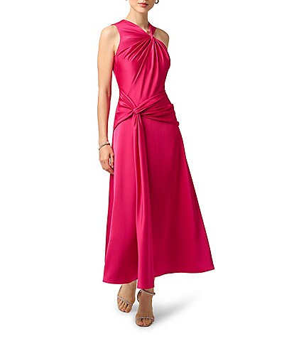 Aidan Mattox Pleated Chiffon Halter Neck Sleeveless Hardware Maxi Dress
