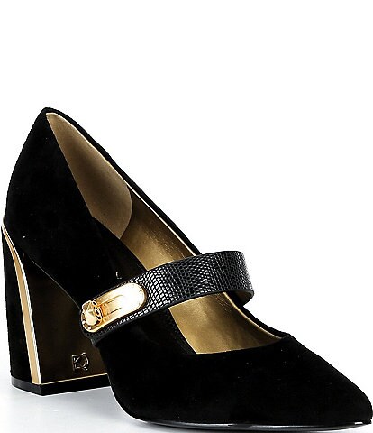 DONNA KARAN new york - ミュール Donna Karan Pearl Ornamented Suede Metallic Kitten Heel Mules