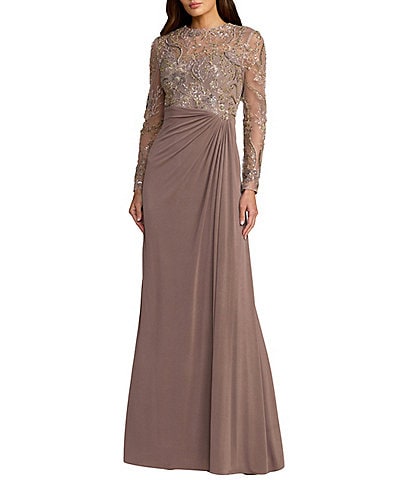 Terani Couture Chiffon Lace Crew Neck Long Sleeve Beaded Bodice