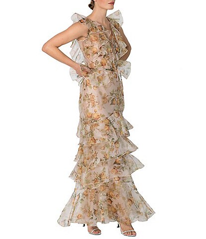 afrm halter ruffle maxi dress Athens Crochet Floral Lace Neck Sleeveless Metallic Multi