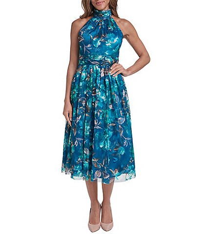 Maggy London Floral Embroidery Halter Neck Sleeveless Plunge Back Detail Midi Dress