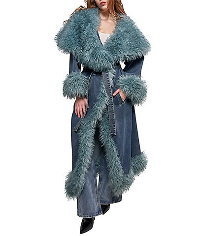Azalea Wang Kaya Denim Faux Fur Collared Trench Coat | Dillard's