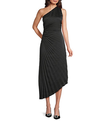 badgley mischka pleated a line midi dress Belle by Maxx One Shoulder Ombre DRESS30 Aloruh Coffee Backless Fishtail US Size:000 while the tea length