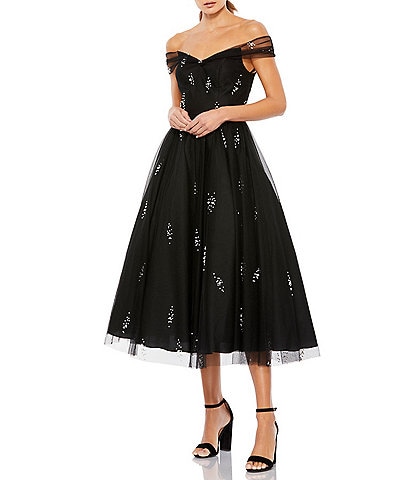 Mac Duggal Polka Dot Net Bustier Sweetheart Neckline A-Line Midi Dress